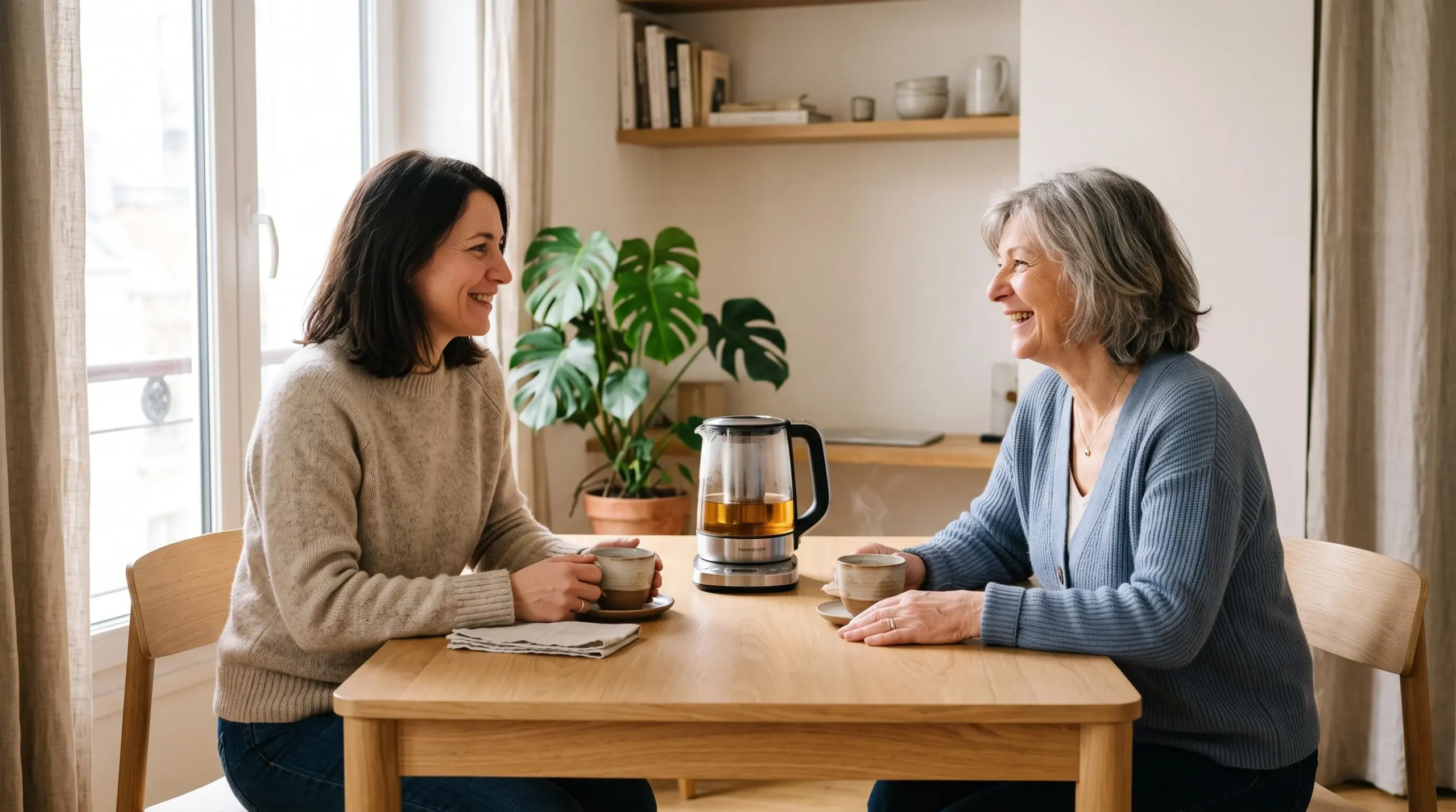 Deux femmes d'âges différents assises face à face à une table bois clair, dégustant du thé dans des tasses céramique, théière électrique moderne au centre, en conversation naturelle dans intérieur français lumineux contemporain