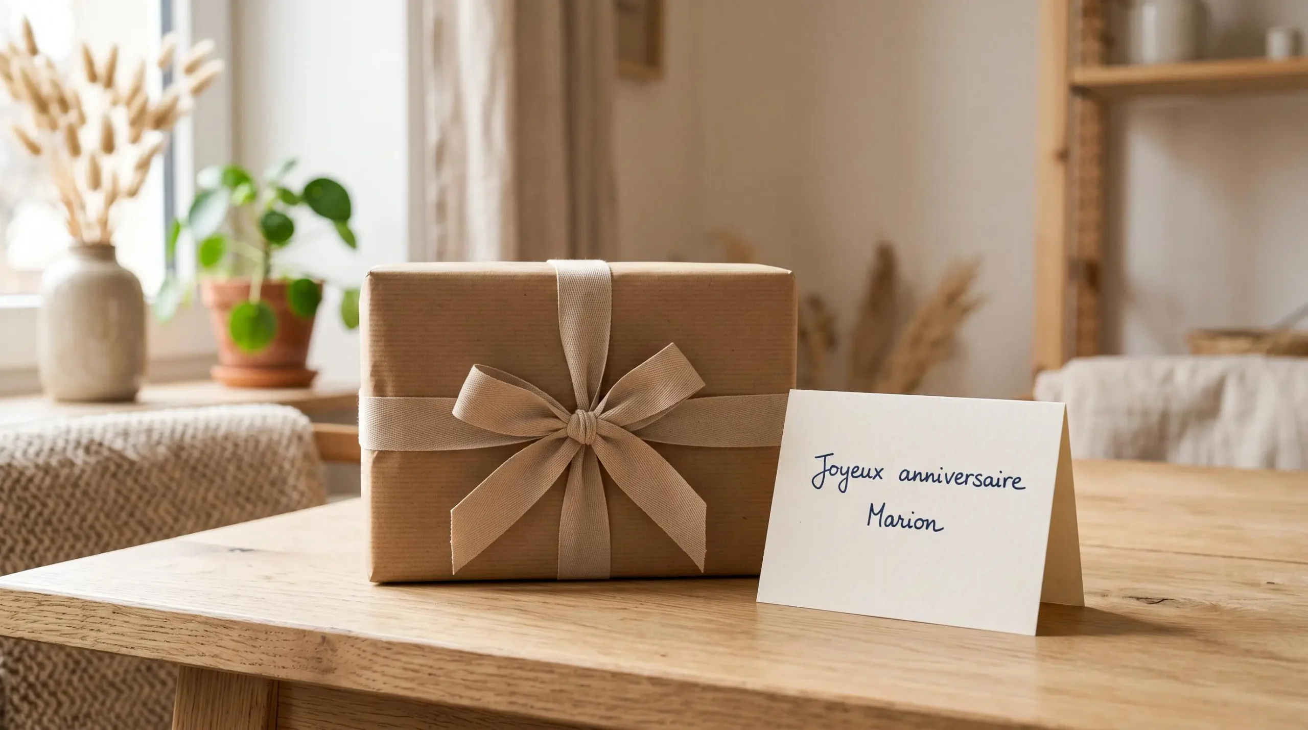 Paquet-cadeau emballé papier kraft avec ruban tissu beige posé sur table bois clair, carte de vœux manuscrite en français à côté, lumière naturelle douce, intérieur domestique en arrière-plan flou