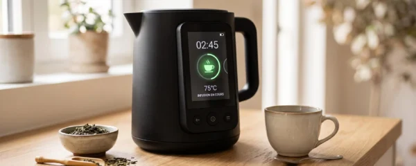 Théière électrique tactile noire avec écran allumé affichant un programme thé vert à 75°C, posée sur plan de travail bois clair, tasse céramique et feuilles de thé en vrac à proximité, dans cuisine française contemporaine éclairée naturellement