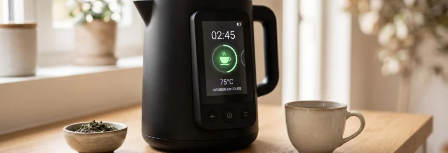 Théière électrique tactile noire avec écran allumé affichant un programme thé vert à 75°C, posée sur plan de travail bois clair, tasse céramique et feuilles de thé en vrac à proximité, dans cuisine française contemporaine éclairée naturellement