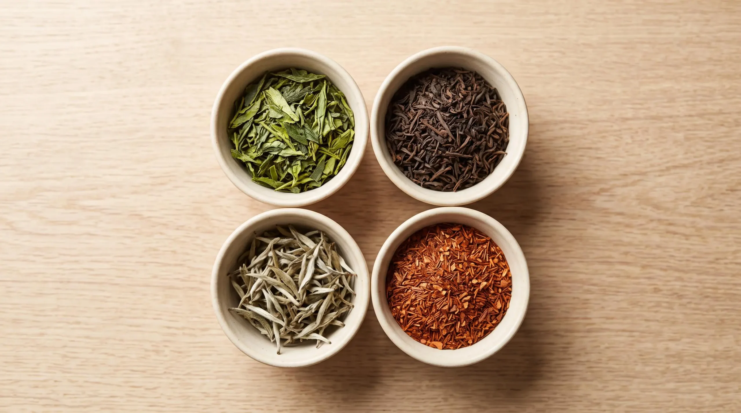 Vue de dessus de quatre bols en céramique claire contenant différentes variétés de thé en vrac (vert, noir, blanc, rooibos), disposés sur surface bois naturel avec éclairage doux